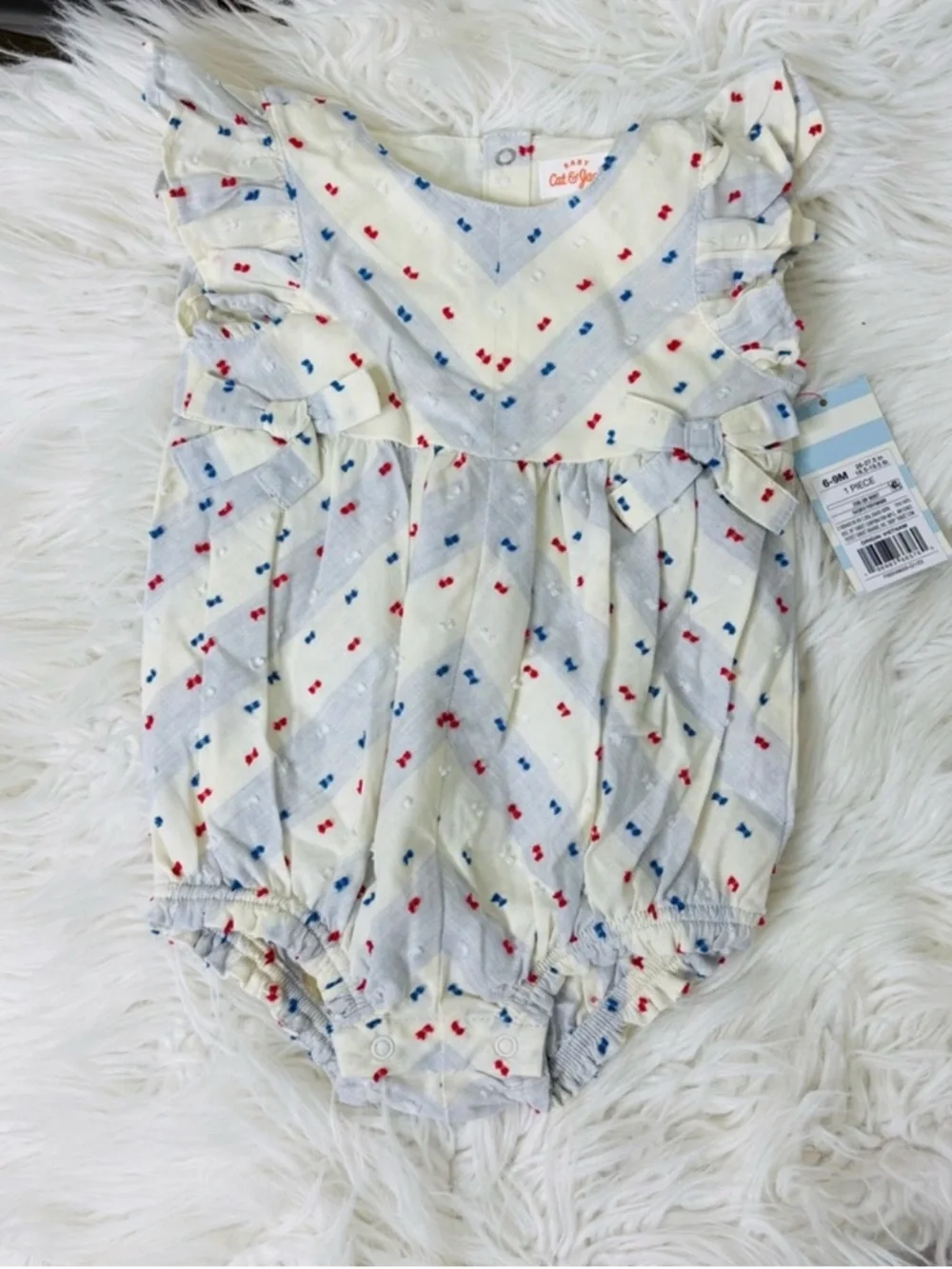 Cat & Jack Cream Bubble Romper with Red and Blue Dot Print Size 6-9M